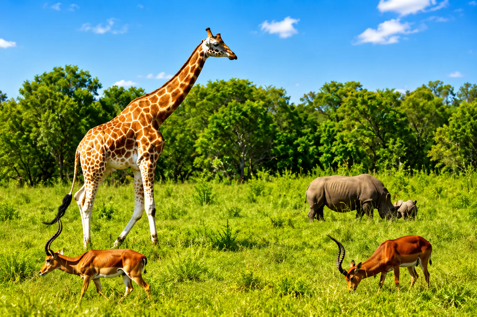 Giraffe, rhinoceroses, and antelope sharing a green savanna